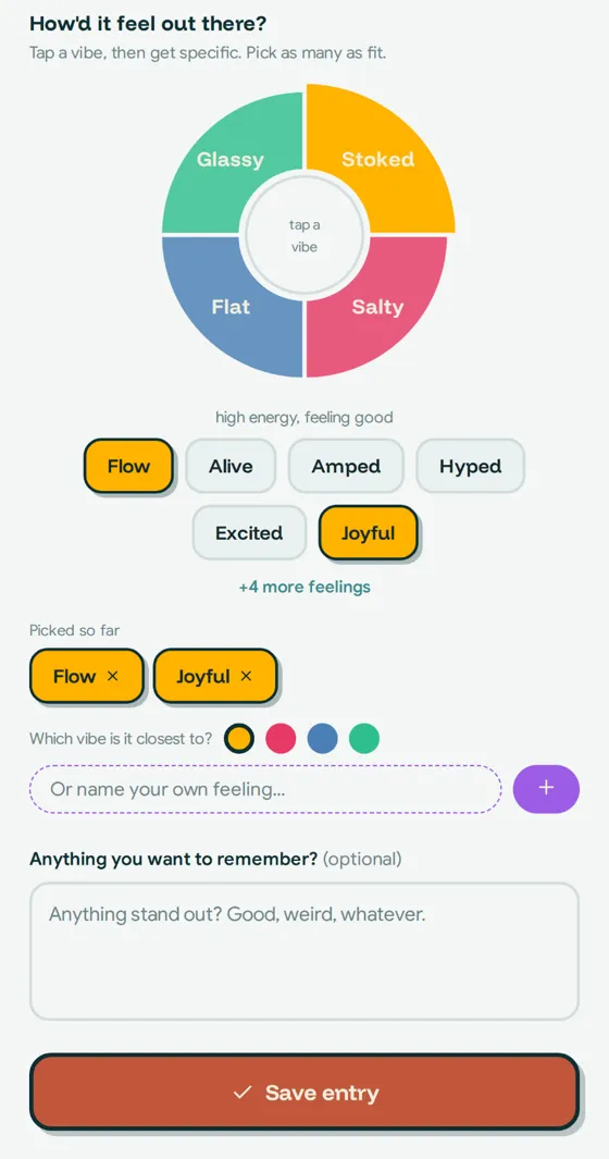 The Log screen: a four-part vibe wheel with Stoked selected and the feelings Flow and Joyful picked.
